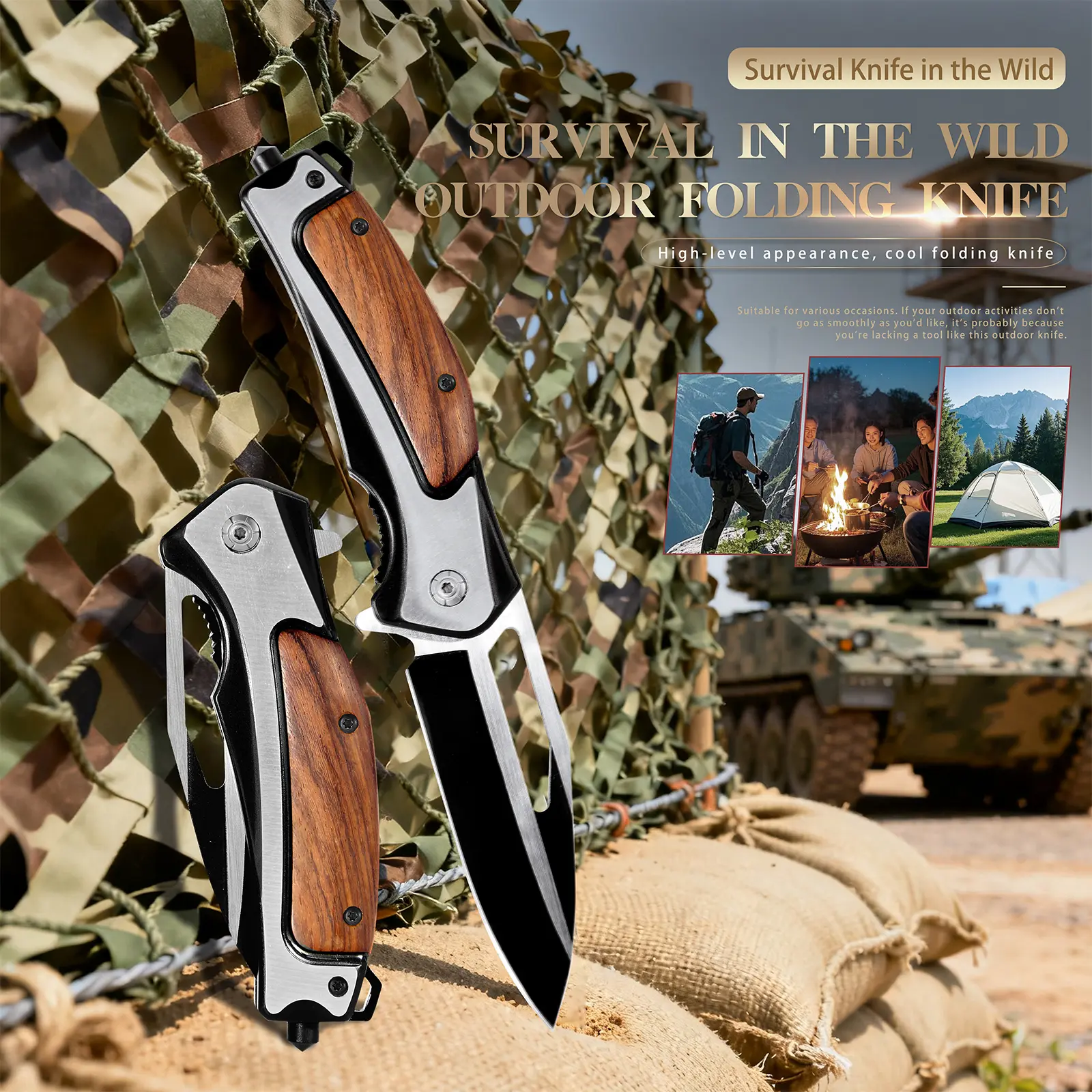 sharp stainless steel multipurpose knife durable knife Wooden Handle Portable Folding Utility Knife Outdoor Camping Cutting EDC Tool