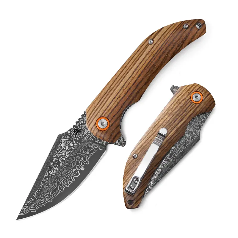 KLAKEN J337 RAVENOR Damascus Steel EDC Folding Knife, Zebra Wood Handle, Pocket Tool for Outdoor Camping, Survival
