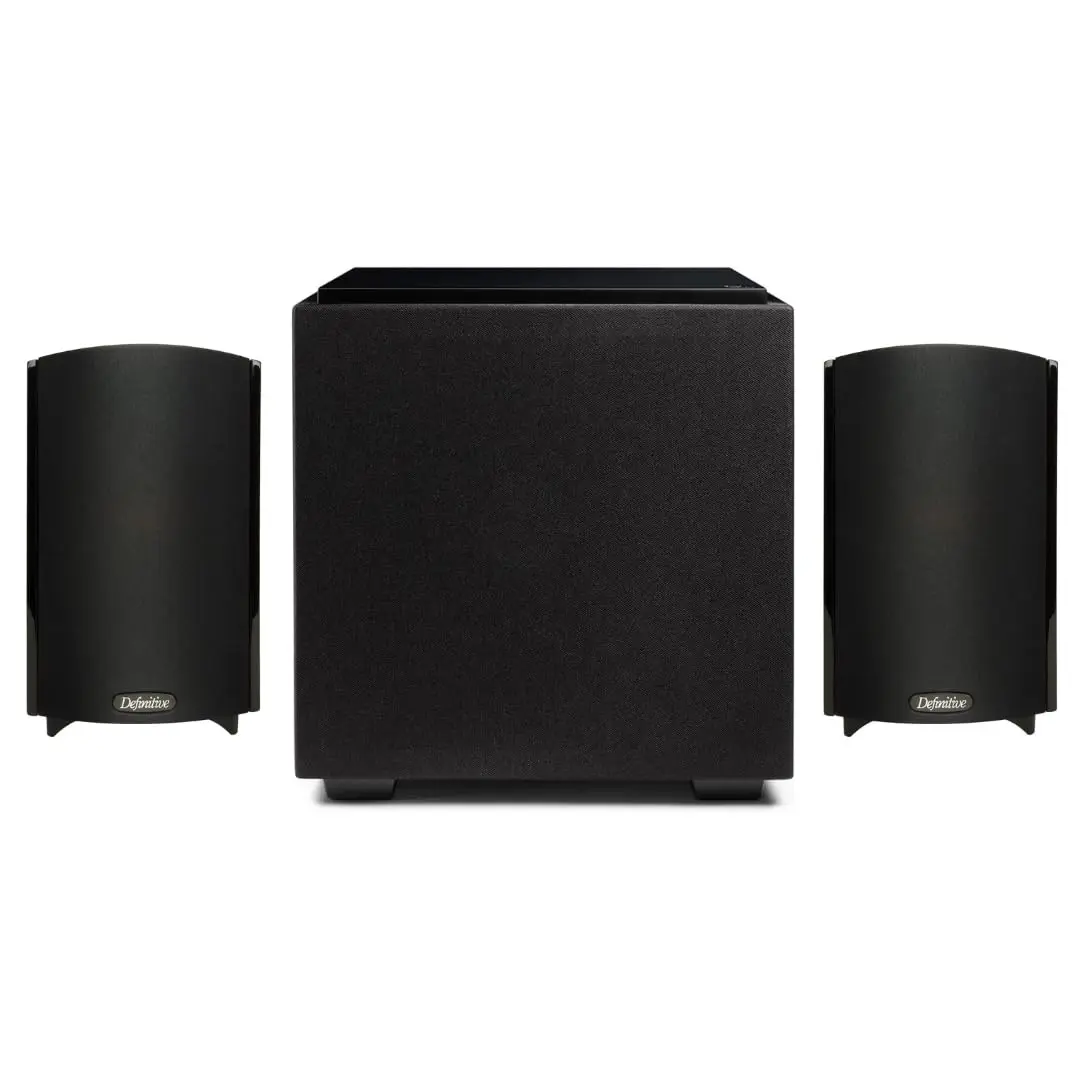 Definitive Technology 2.1 Home Cinema System Audio Bundle - 2 ProMonitor 800 Speakers (1" Aluminum Dome Tweeter), Descend DN8 Subwoofer, 35Hz Compact Aluminum Unit, 3xr Architecture, 500W Peak, Triple Surface Area, Built-in Controls, Walnut Finish