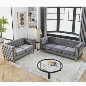 Chesterfield Sofa Set of 2, Velvet Sofa Couch Set for Living Room, Button Tufted 3 Seater Sofa and 2 Seater Loveseat Couch,Modern Upholstered Sofas with Nailhead Trims,Golden Metal Legs for Bedroom