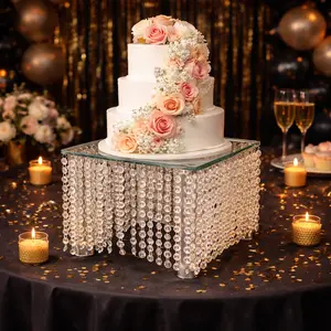 2-Pack 11.8"x11.8"x9.8" Square Crystal Glass Flower Stand Cake Stand with Crystal Chains Decor Organiser Set Racks for Elegant Home Display