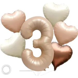 40 inch Caramel Number 3 Birthday Balloons Light Brown Large Big Foil Helium Mylar Number Balloon with Heart Balloons for first Three Year Girl Boy 3st Birthday Decor