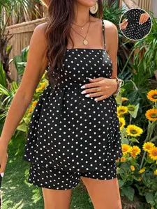 ZENIE Spotted Pattern Bump Friendly Tank Flexible Midriff Bottoms Everyday Co Ord Preppy Trend