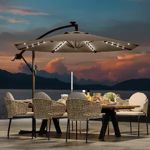 【GARVEE】10FT Cantilever Umbrella with Solar Lights, Outdoor Offset Market Umbrella with Infinite Tilt and Cross Base, Outside Patio Umbrellas for Backyard, Lawn, Garden and Pool (Tan)