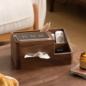 YESWOOD Walnut Tissue Box Cover - Multifunctional Tissue Box Holder with Storage Tray, Minimalist Rectangle Tissue Box Cover for Living Room, Bedroom, Bathroom, Office.