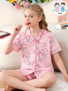 2-Piece Kids Pajama Set, Flame-Resistant Knit, Cartoon Bear Print, Loose-Fitting Short Sleeve, All Seasons, Boys & Girls, Pajamas