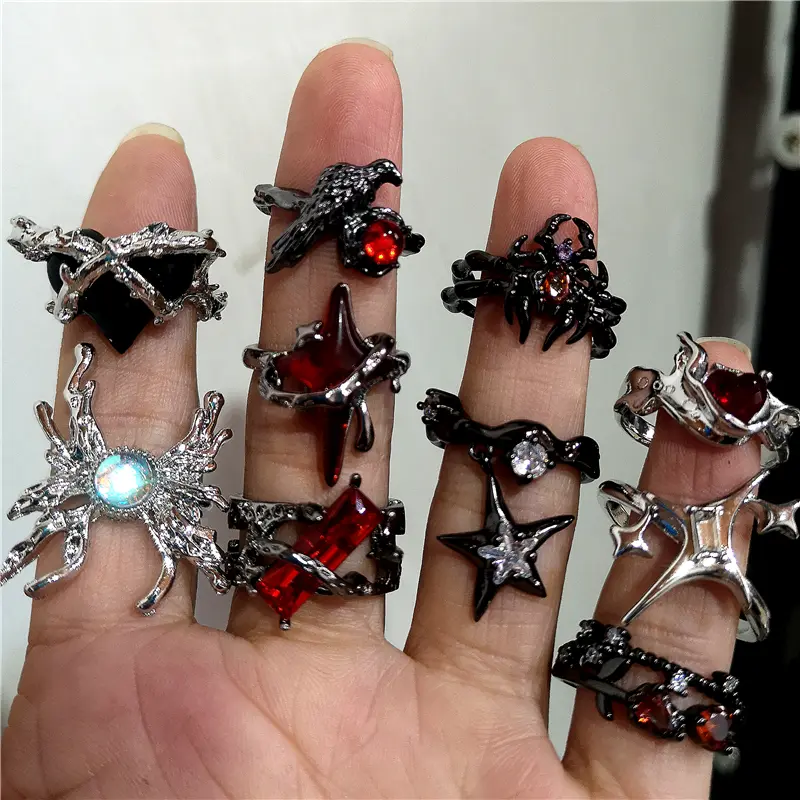 Y2K Gothic Dark Red Cross Star Crow Heart Rings For Women Goth Game Love And Deepspace Sylus Cosplay Jewelry Accessories Gifts