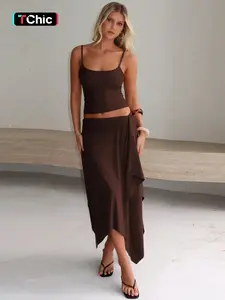 Women Summer Sleeveless Tank Tops Midi Skirt Basic Vacation Two Piece Set Outfit Womenswear