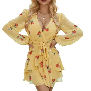 Long Sleeves Chiffon Print Wrap Front Mini Skater Dresses Spring Summer Dress