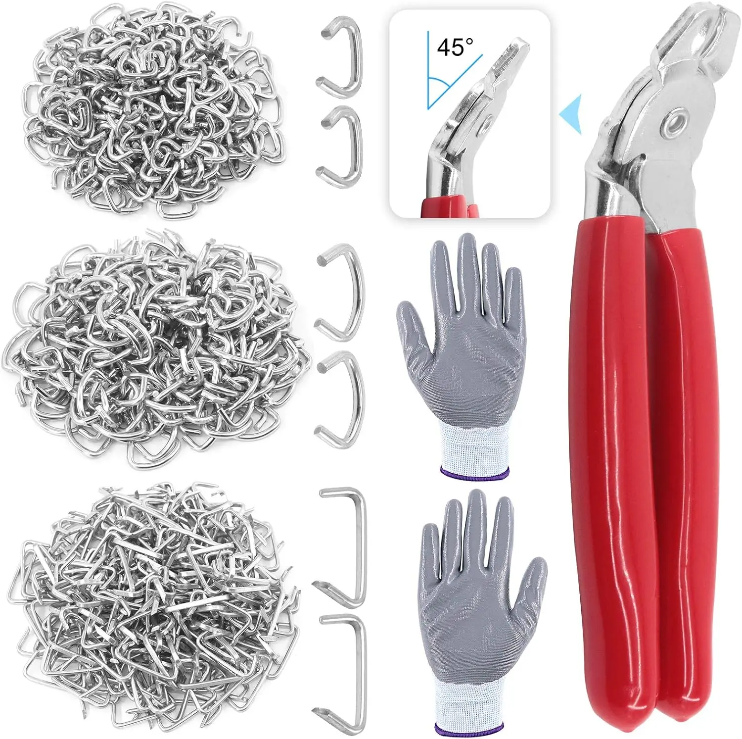 362 count Hog Ring Pliers Kit with 360 count Steel Rings (1/2'' 3/4'' 3/8'') and Anti- Gloves for Upholstery, Fencing, DIY Craft, Furniture and More