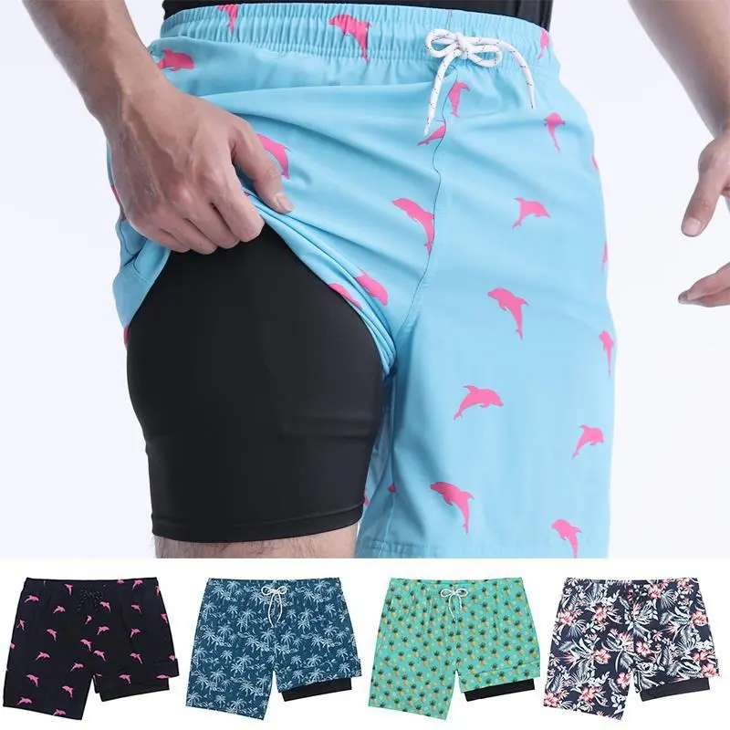 Men's 2-in-1 Quick-Dry Swim Trunks with Compression Liner, Zipper Pockets, 3D Print Swim Bottoms for Beach, Pool Water Activities, Swim Bottom, Men's Swim Trunks