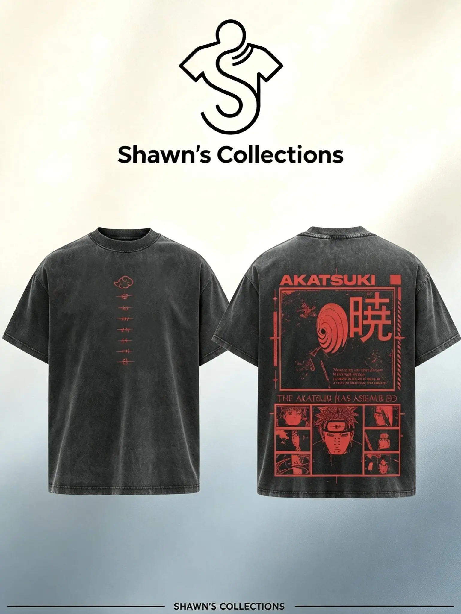 Shawn's Vintage Washed Black Grey Oversized Anime Akatsuki T-Shirt,Back Red Cloud Organization Graphic Tee,Front Small Red Cloud Print Short Sleeve,Mens Japanese Manga Streetwear Loose Fit Grunge Aesthetic Casual Top,