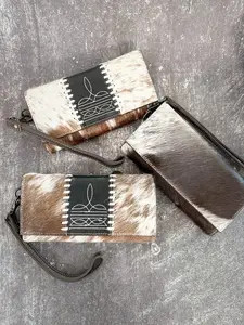 Boot Strap Wallet Hair on Cowhide Boot Stitch Leather Western Wallet with Handstrap Genuine Full Grain Leather Spacious 8x4 Design Multiple Card Slots Zipper Pocket Magnetic Closure