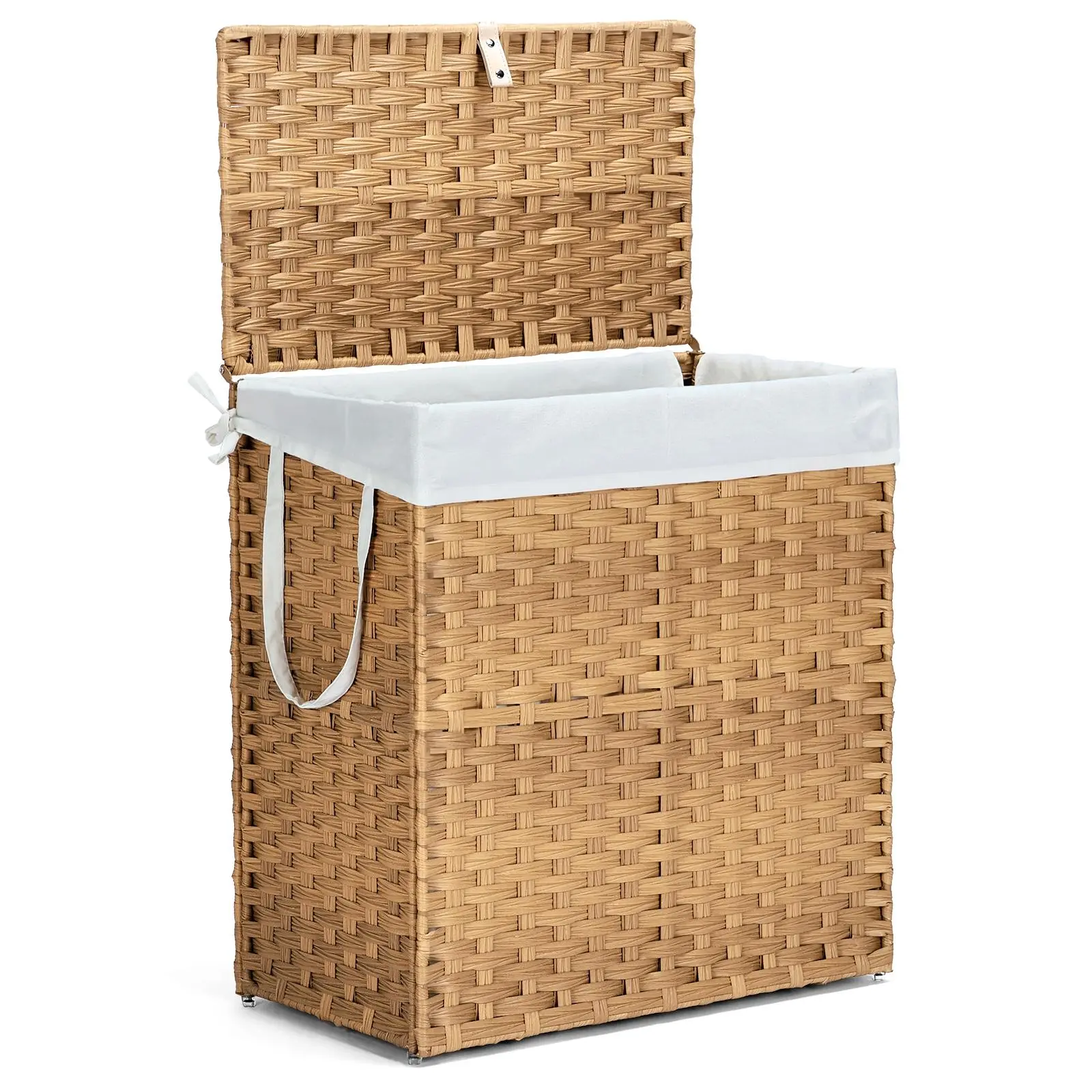 Rattan Woven Rectangle Laundry Hamper with Lid - Large Capacity, Waterproof, Foldable, Heavy-Duty Laundry Organizer for Home Storage