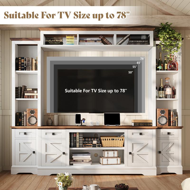 【Ships in 2 Boxes】AMERLIFE Farmhouse 98" Wall Unit TV Stand with Storage Cabinets for TVs up to 78", Large Entertainment Center with Bookshelves & Power Outlets, Wine Display Cabinet with Barn Door, Living Room
