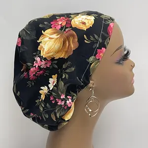Adjustable surgical OR SCRUB CAP, Black Floral Europe style nursing caps with flowers and satin lining option.