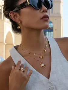 Ladies Necklace Smooth Five Pointed Star Moonstone Sun Hammer Pattern Moon Pendant Stainless Steel 18k Gold Plated Waterproof And Anti Allergy Jewelry Elegant In All Seasons Essential For Daily Business Matching Classic Style