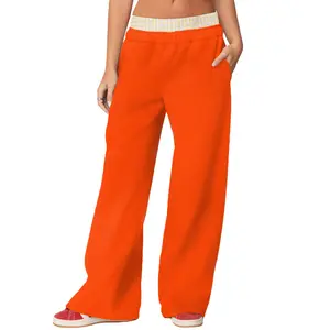 Women Ladies Female Elastic Jogger Sweatpants Plaid Patchwork Workout Running Pants with Pockets Casual Athletic Trousers for Sports Orange