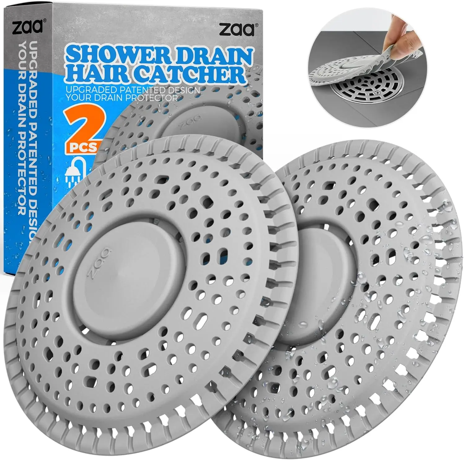 2-Pack Silicone Shower Hair Catcher Set, 5.5" Diameter Anti-Clog Drain Cover for Flat Drains, Easy-Install Shower Bath Bathroom Accessory, Gray