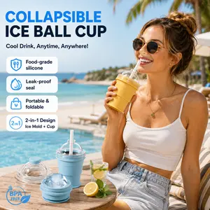 2-in-1 Portable Foldable Silicone Ice Ball Cup & Mold, Collapsible Water Cup for DIY Whiskey, Large Oversized Spherical Bar Kitchen Ice Mould