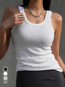 Women's Solid Color Ribbed Sports Tank Top, Regular Fit Comfortable Breathable Sleeveless Sports Top for Yoga Gym Workout, Ladies Sportswear for All Seasons, Gym Workout Tops, Athletic Top, Ribbed Sports Vest