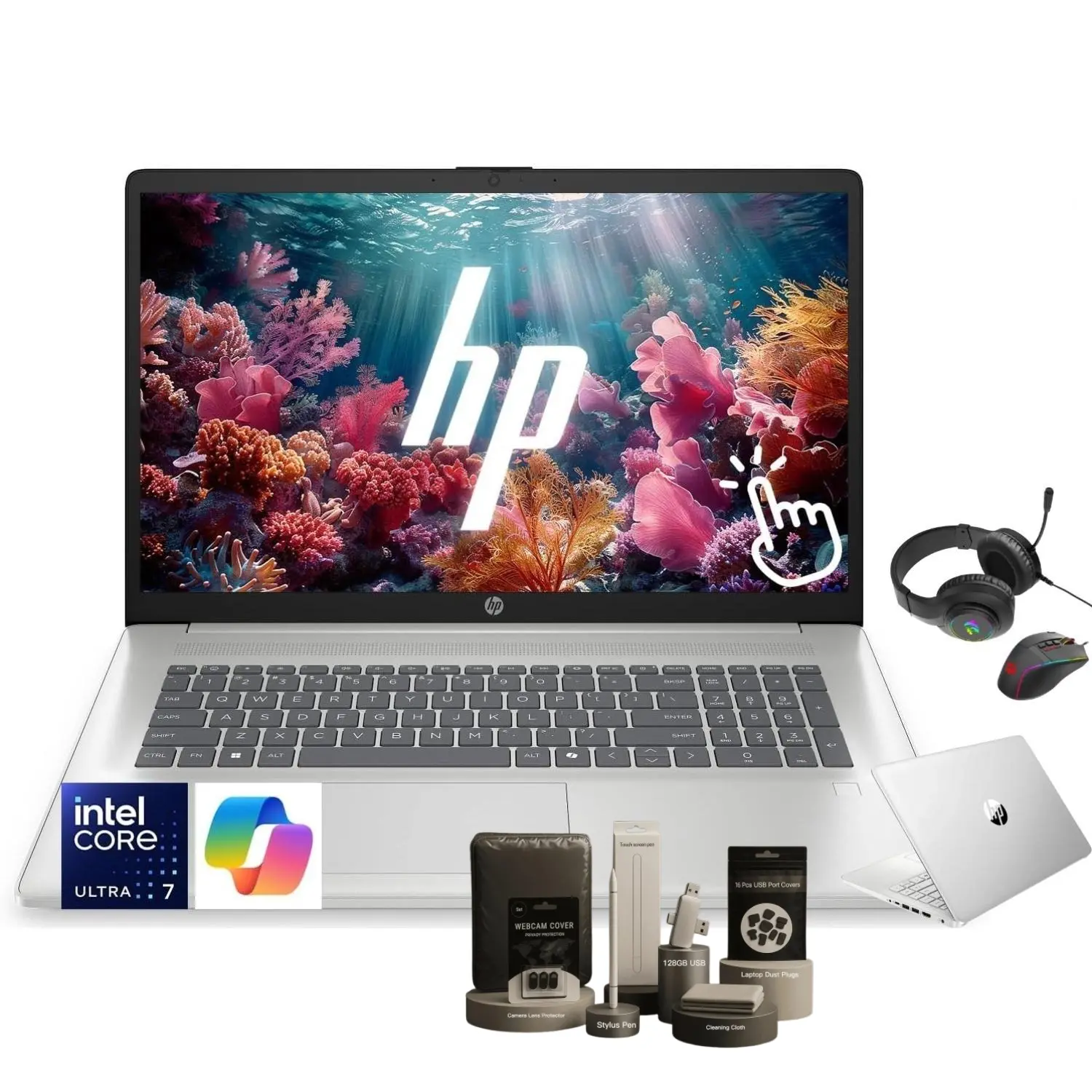 HP 17.3" Touchscreen Laptop, Intel Core Ultra 7 255U AI Processor,Up to 32GB DDR5 RAM,Up to 2TB SSD,Backlit Keyboard, Fingerprint Reader, Redragon Gaming Headset&Mouse Bundle, Natural Silver