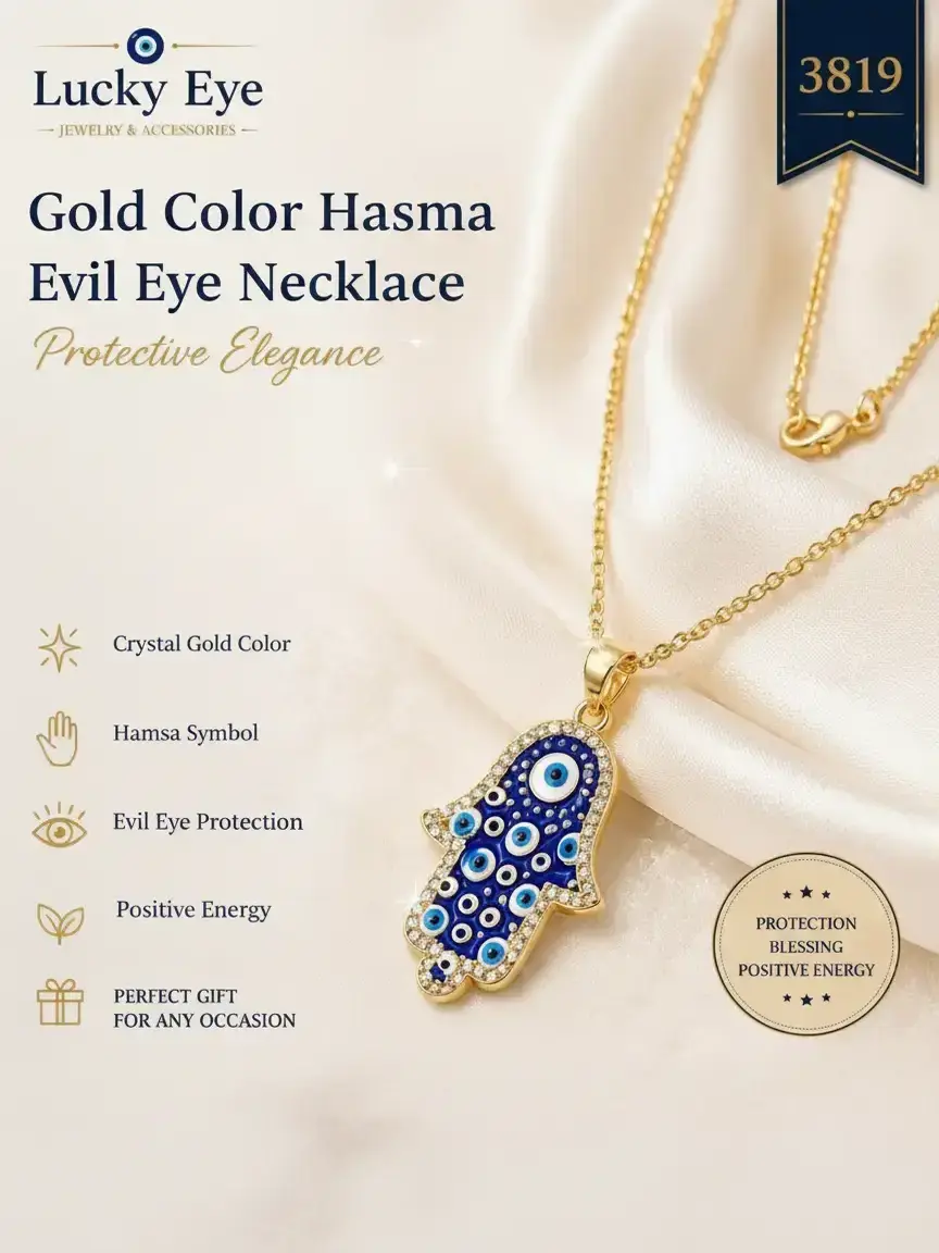 Crystal Gold Plate Hamsa  Evil Eye Necklace #3819