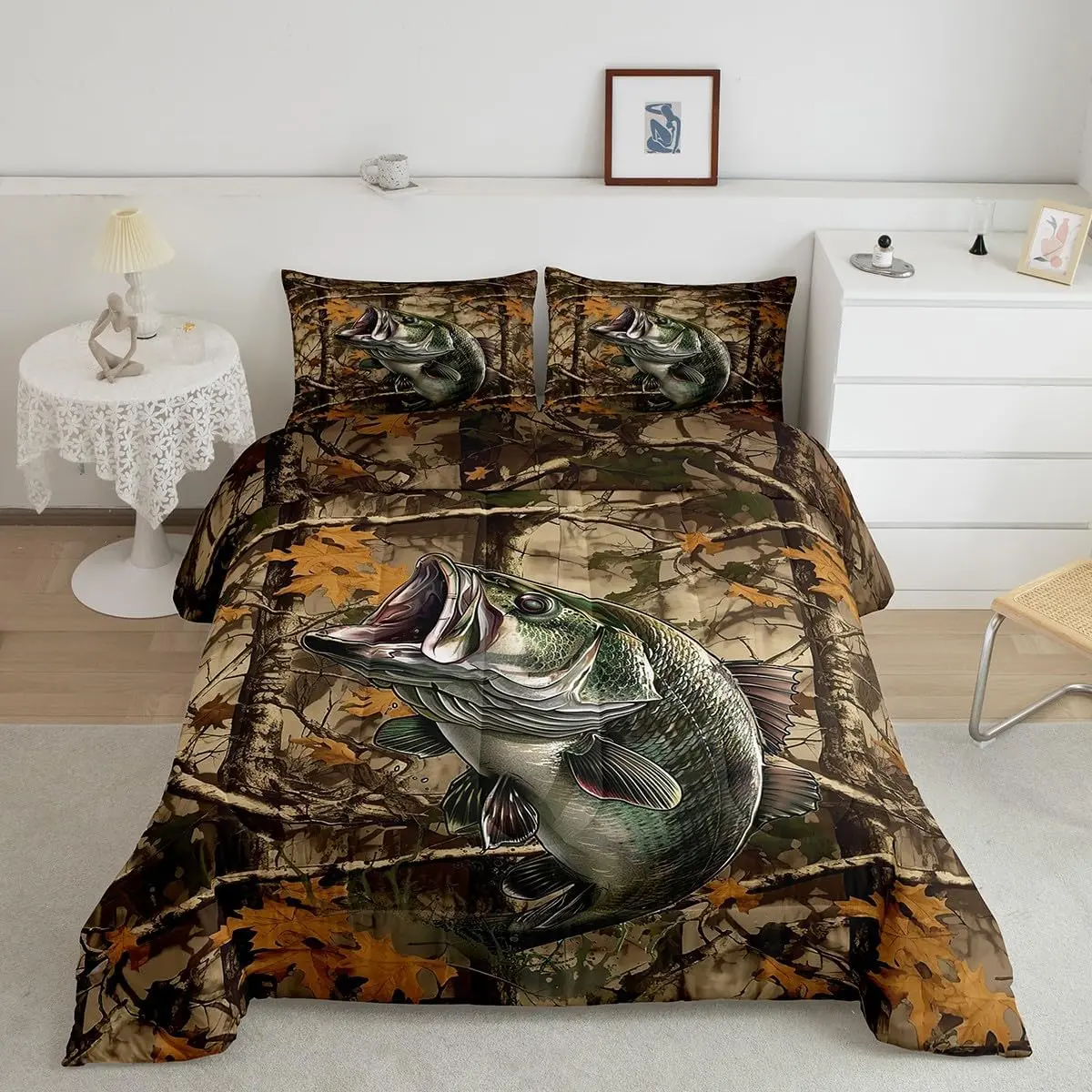 Feelyou Fish Themed Bedding Set - Digital Print Animals Motif, Modern Geometric Accents, Breathable Fabric Duvet Comforter Set for Fishermen, Pike Fish Decor, Machine Washable, Quilt Bedding Set, Microfibre