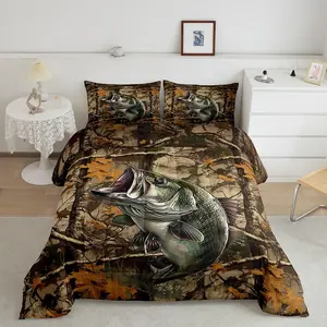 Feelyou Fish Themed Bed Set - Digital Print Animal Motif Breathable Fabric Duvet Comforter Set, Pike Bass Designer Hunting Decor for Fishermen