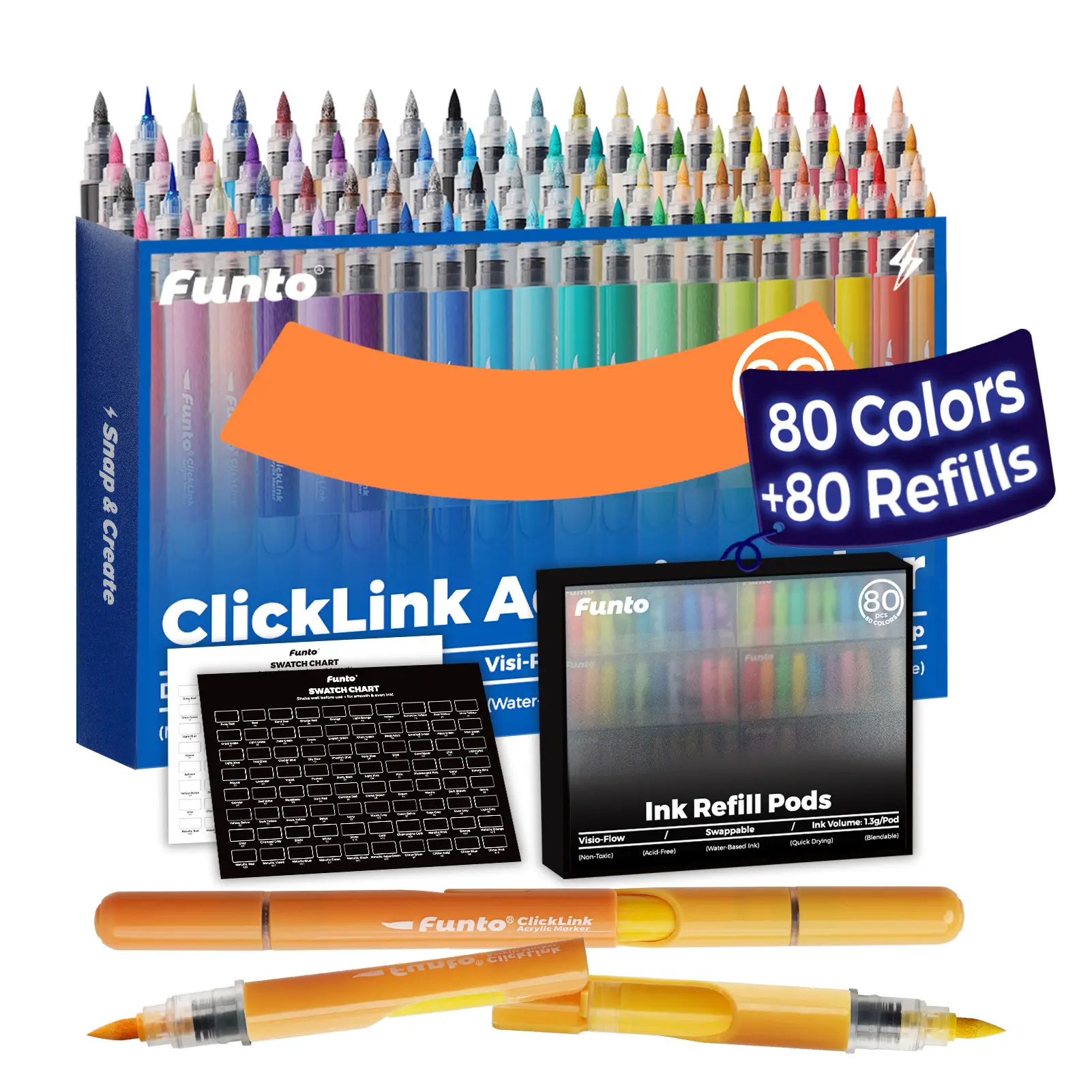 Funto ClickLink Acrylic Markers Dual-Color Brush Tip Visible Refillable Cartridges Art Supplies for Rock Painting Wood Ceramic Stone Glass Card Making DIY Crafts Christmas Gift for Kids Colorful Precision Pens Drawing
