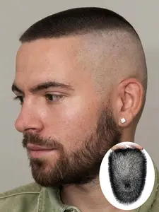 Real Human Hair Short Toupee for Men, Handmade Ultra-Thin PU Material, All-V Loop Hair System, American Style Crew Cut, Natural Appearance, Daily Use, Natural Looking Hair, Human Hair Wig