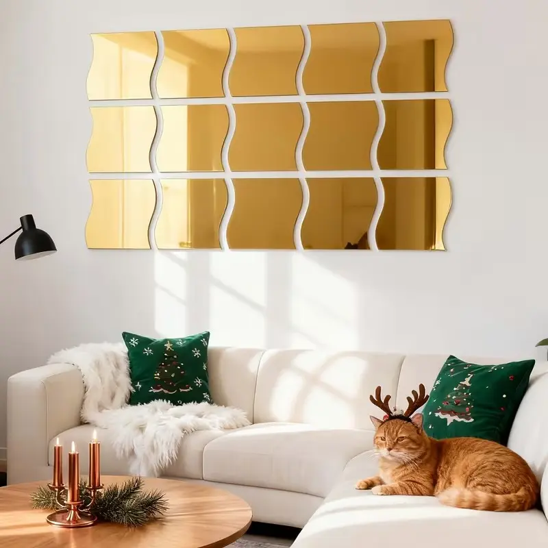 6 pieces, Wavy Gold Mirror Wall Decals, Shatterproof Acrylic Self-Adhesive Mirror, DIY Removable Decorative Stickers, Suitable for Bedroom, Living Room, Bathroom, and Gym Wall Decorations, 25x30cm