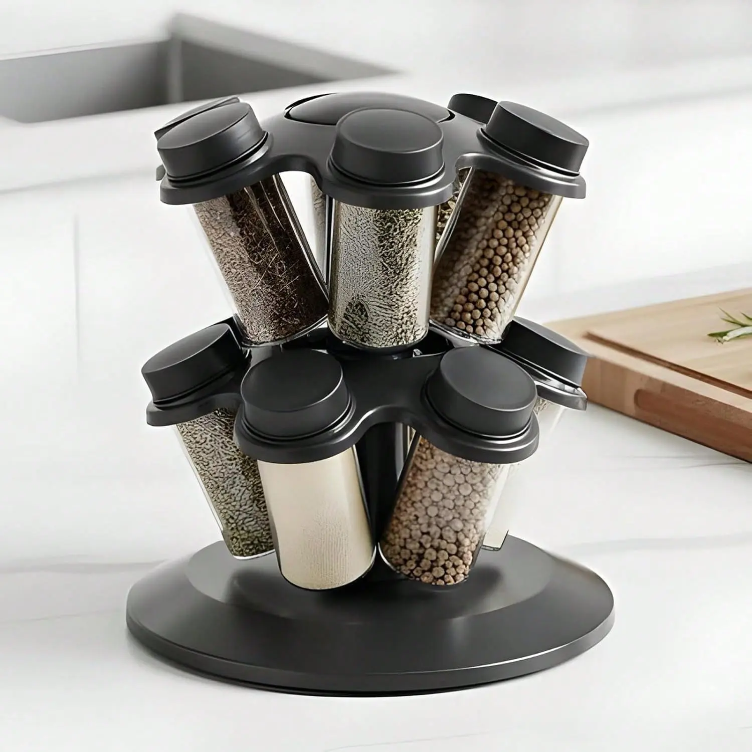 Black Rotating Kitchen Seasoning Organizer Rack - Sturdy ABS Kitchen Gadgets, Space-Efficient Storage with 12 Removable Strainer-Lid Glass Canisters for Cabinet, Countertop Use (Teflon-Coated Components)