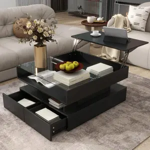 [Bellemave]VIBE HAUS Lift-Top Coffee Table with 2 Drawers, Modern Square Coffee Table with Glass Top and High-Gloss Finish, Hidden Space and LED Lights for Living Room