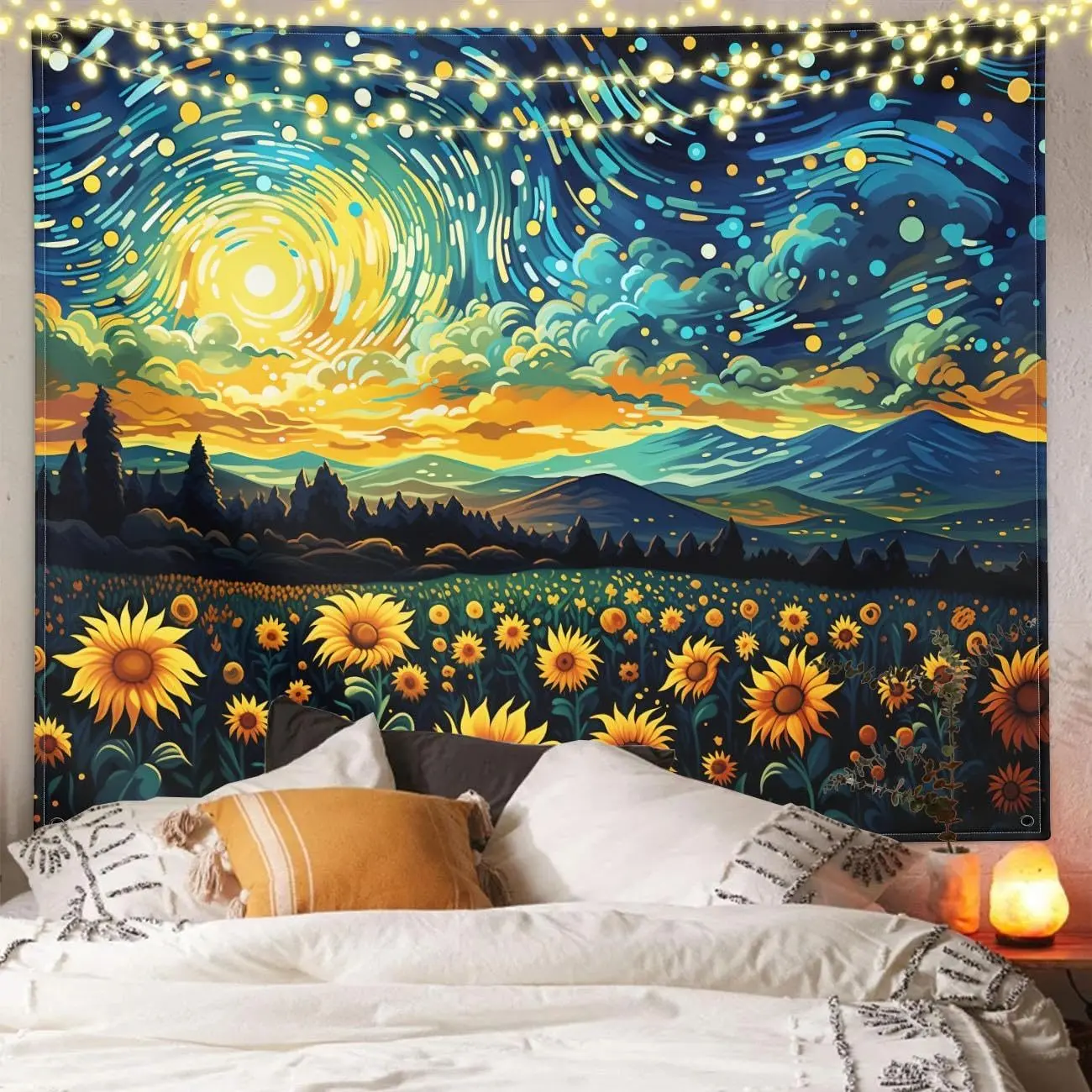 N-Sunflower Starry Tapestry with Starry Sky Pattern, Aesthetic Wall Hanging for Bedroom, Home Dorm Decor
