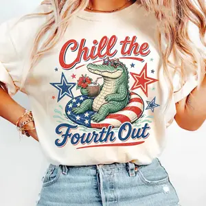 Chill The Fourth Out Comfort Colors Shirt, Funny Alligator 4th of July Tee, Retro Patriotic Gator Shirt, Independence Day Celebration Top, USA Holiday Outfit
