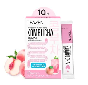 TEAZEN Peach Kombucha Tea, Hydration Drink Mix, Sugar Free, Live Probiotics & Prebiotics, 10 Sticks, 1.76oz