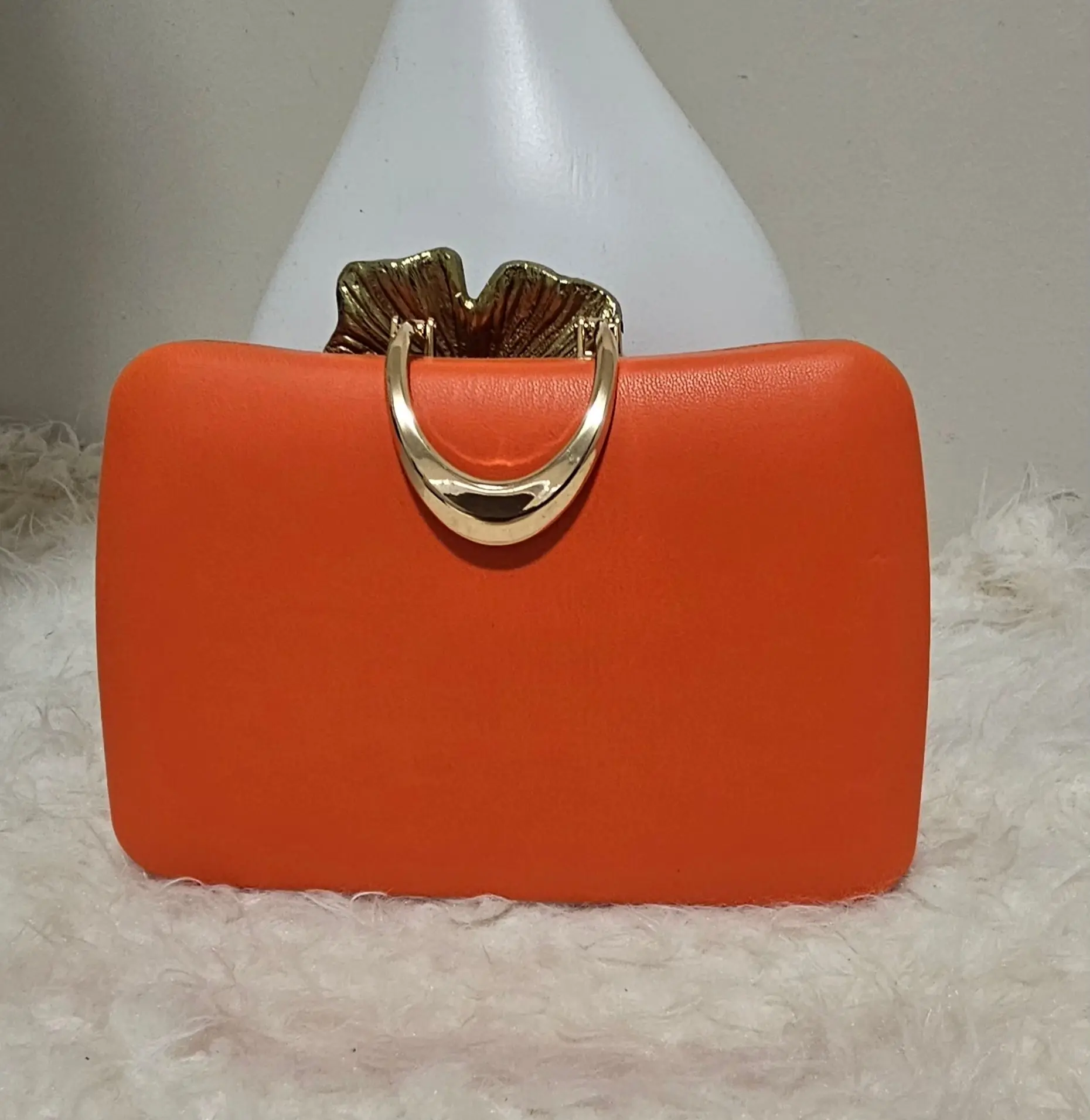 Orange & Gold Clutch - Soft Touch Vibrant Touch Plain Pattern Bag with Gold Handle
