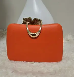Orange & Gold Clutch - Soft Touch Vibrant Touch Plain Pattern Bag with Gold Handle