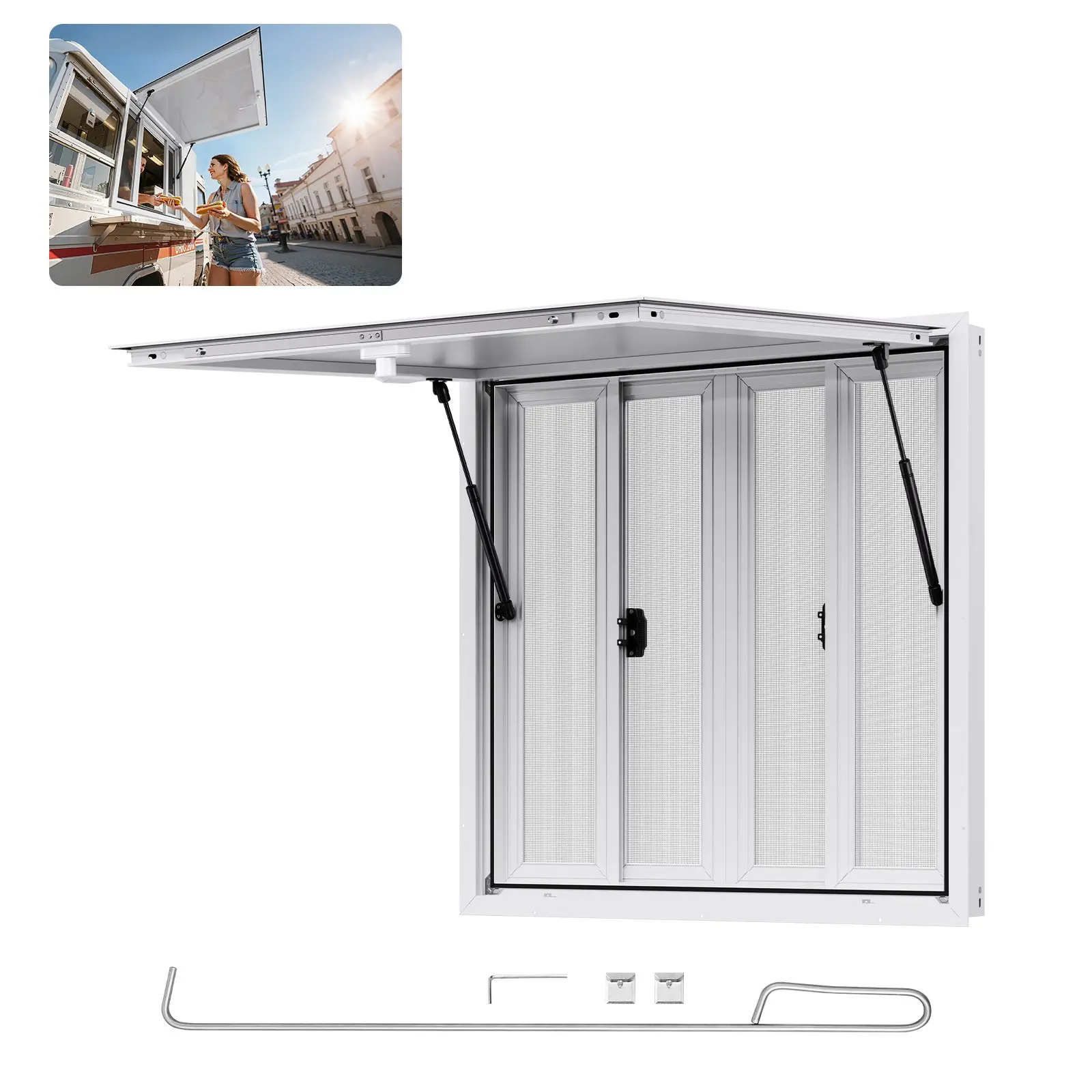 【DealsForYouDays】VEVOR Concession Window 36x36 in, Aluminum Alloy Service Window for Food Truck, Up to 85 Degrees Stand Serving Window with 4 Sliding Windows, Awning Door, and Drag Hook, for Concession Trailers Adjustable Shade Adjustable Canopy