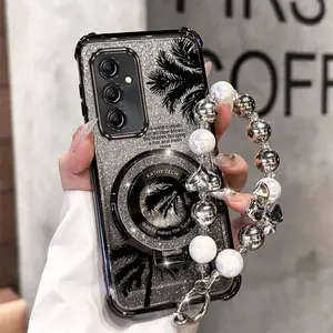 A36 Girls Series Fashion Strap Lanyard Phone Holder Case Phone Protective Cover For Compatible With Samsung Galaxy A36 5G PC Cover and Elegant Black Coconut Tree Protector Cases