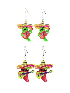 Mexican May Day Women's Glittering Cactus Chili Stud Earrings, Party Style, All Seasons, No Piercing Required, Acrylic Material