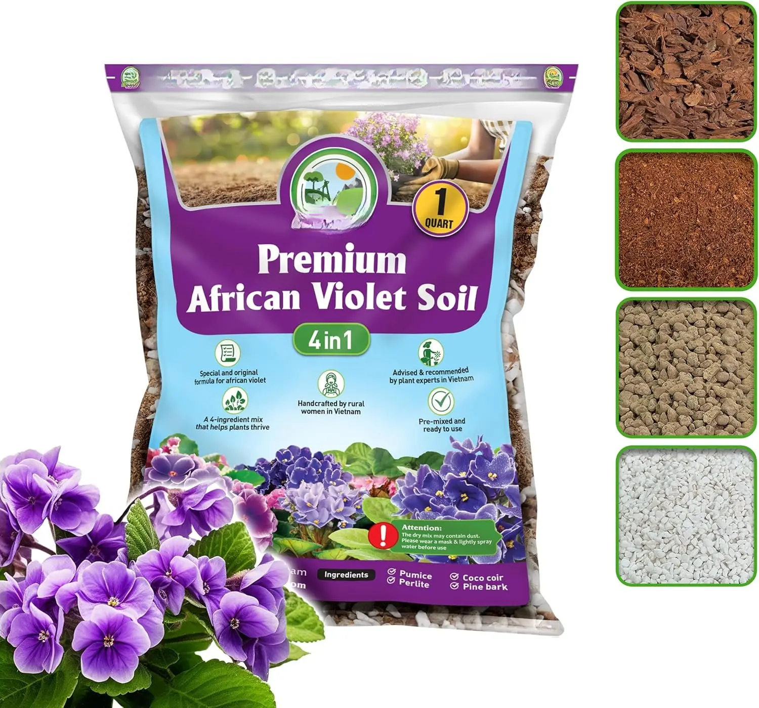 4-in-1 Formula African Violet Potting Mix, Nutrient-Enhanced Hand-Crafted Blend with Perlite, Coco Peat, Pumice, Pine Bark for Drainage Boost & Optimal Retention, Consistent Quality 0.94L (1QT) Pre-Mixed Ready Soil