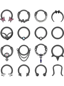 Cool 16 Pcs Black Septum Rings Hoops Stainless Steel Copper Nose Rings Studs for Women Men Stylish Dangle Septum Jewelry Septum Clicker Horseshoe Nose Rings Hoop Hinged Segment Daith Helix Pierced Ring Tragus Cartilage Earrings Piercing Set