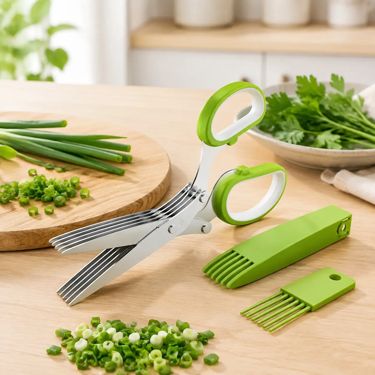 New 5-Layered Stainless Steel Kitchen Scissors with Protective Cover, Built-in Cleaner, Modern Utensils for Food Cooking, Can Opener, Durable Safe Versatile Cutting Supplies (BBQ, Indoor Use)