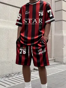 Fashion American Street Style Striped Star Sport Set, Size 75+ La Print, Trendy Single Piece Tee & Short Pants, 3D Printed Design
