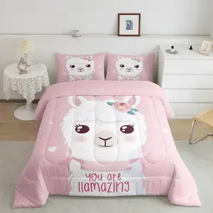 Cute Llama Pattern Super Soft Microfiber Designer Comforter Set - Blush Pink Alpaca Luxury Bedding Set with Polka Dots, Unique Design, Machine Washable, Decorate Bedroom, Suit for Families