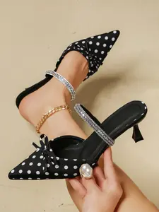 Women's French Polka Dot Bow Pointed Toe High Heel Sandals, Summer New Rhinestone Backless Thin Heel Comfortable Slip-On Shoes