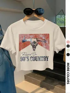 Women's Bull Head Print Round Neck Crop Tee, Casual Streetwear Short Sleeve Crew Neck T-shirt Fitted Fit for Daily Wear, Ladies Summer, Top Womenswear
