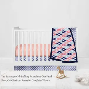 Bacati Aztec Print Liam 3-Piece Crib Bedding Set - Coral/Mint/Navy